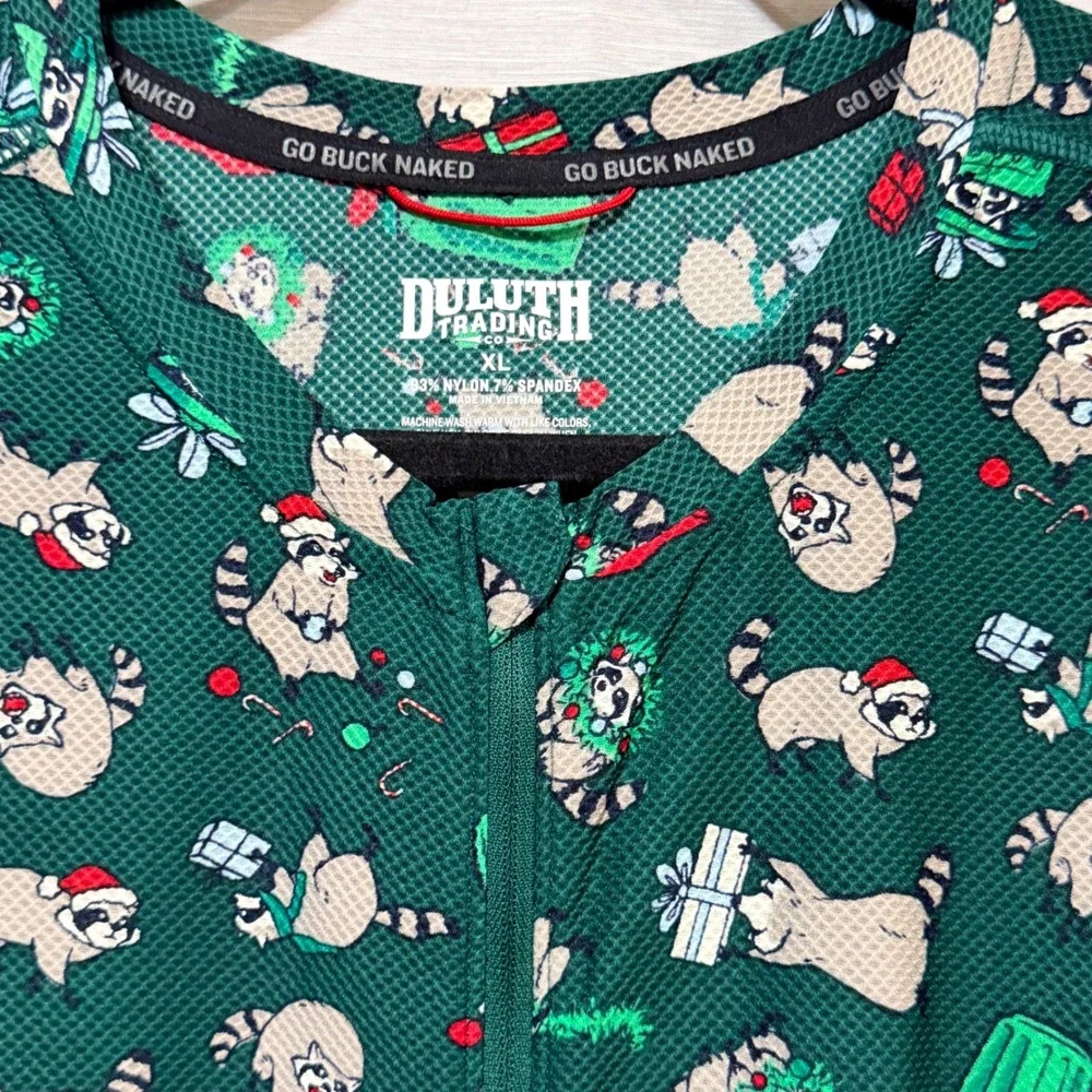 Duluth Trading Co Go Buck Naked Mens XL Union Suit Raccoon Holiday Green Zip